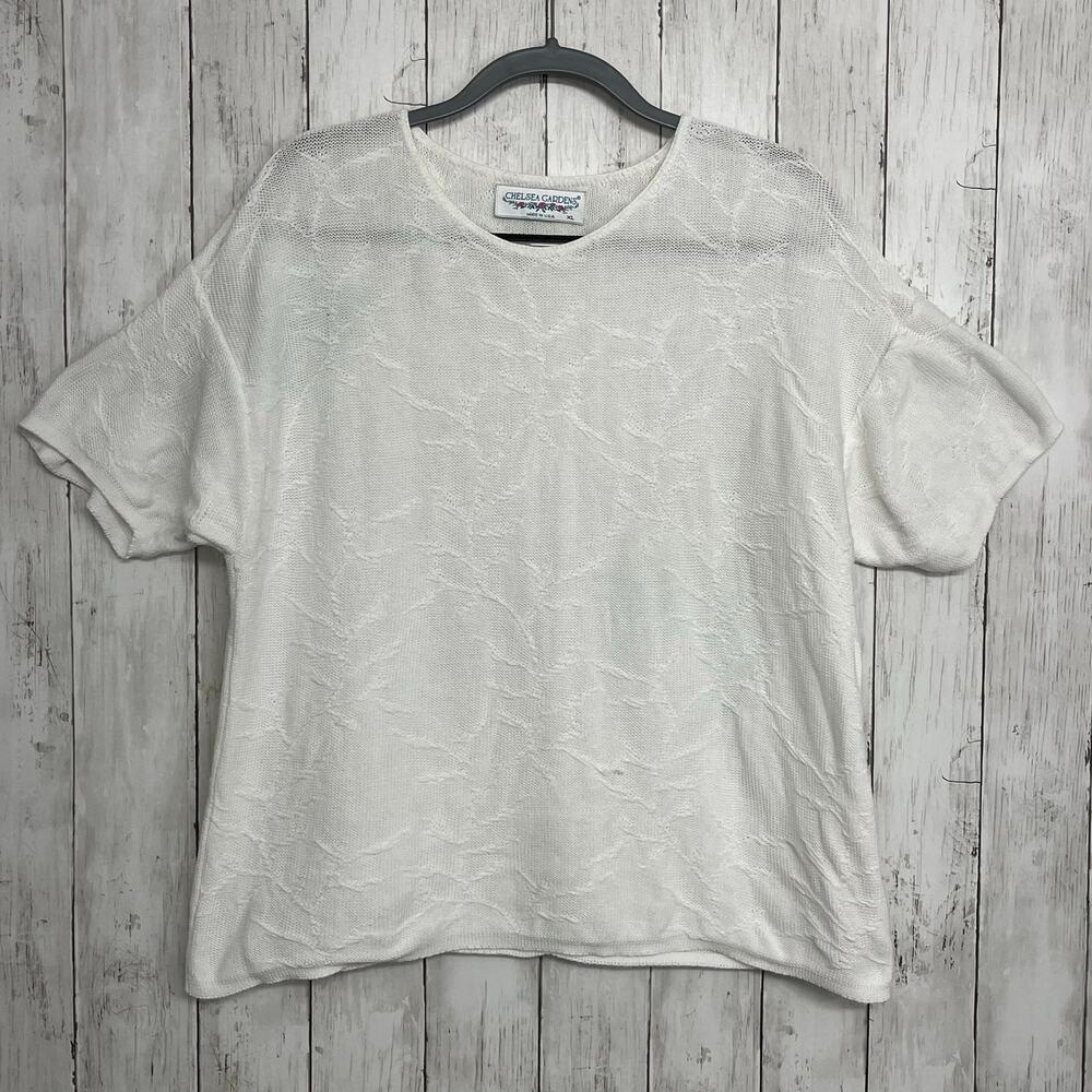 Chelsea Gardens White Knit Floral Texture Lightweight Cottage Fairy Sweater  XL